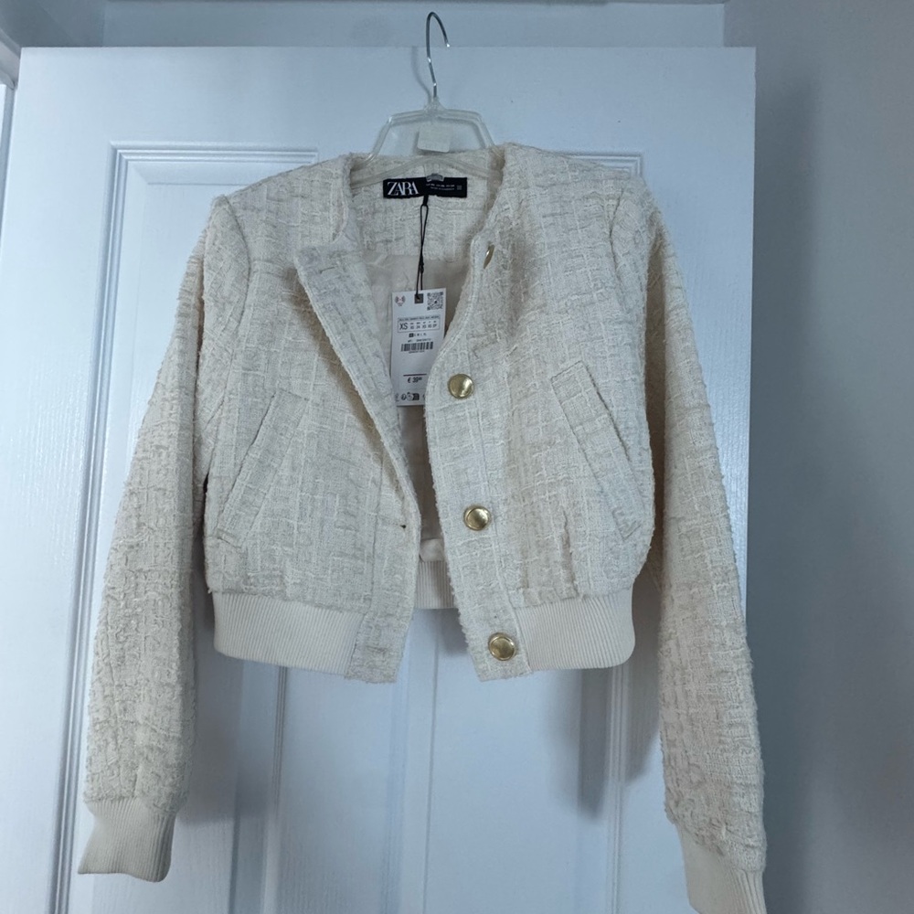 Zara Cream Boucle Textured Women's Bomber Jacket
